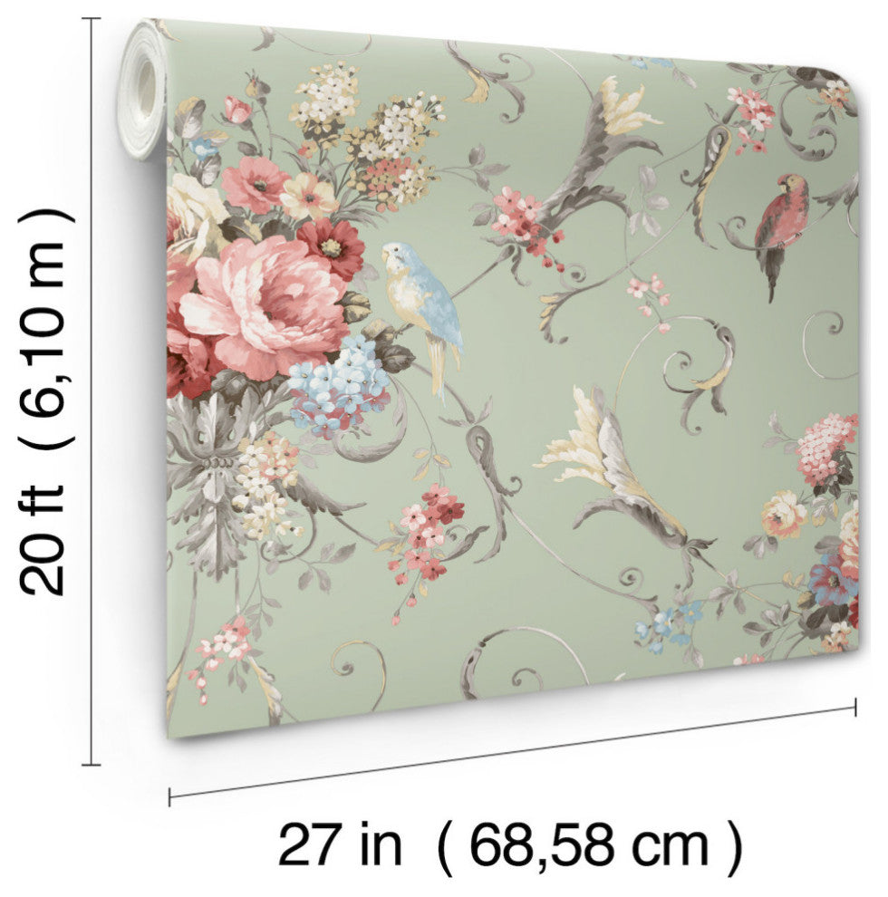 Parrots with Floral Bouquets Eucalyptus Peel and Stick Wallpaper