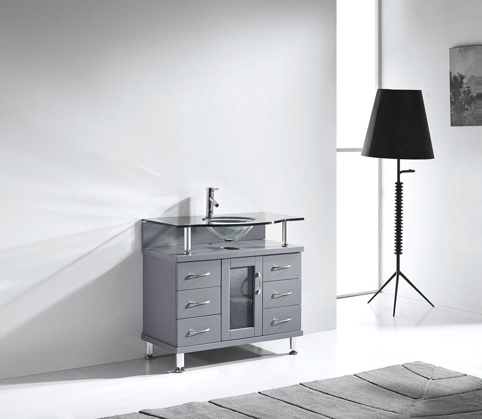 Virtu Vincente 36" Single Bathroom Vanity, Gray With Clear Tempered Glass Top