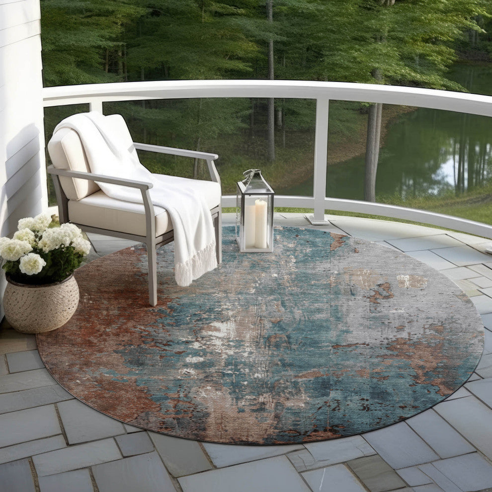Machine Washable Indoor/Outdoor Chantille ACN1870 Orange 8' x 8' Round Rug