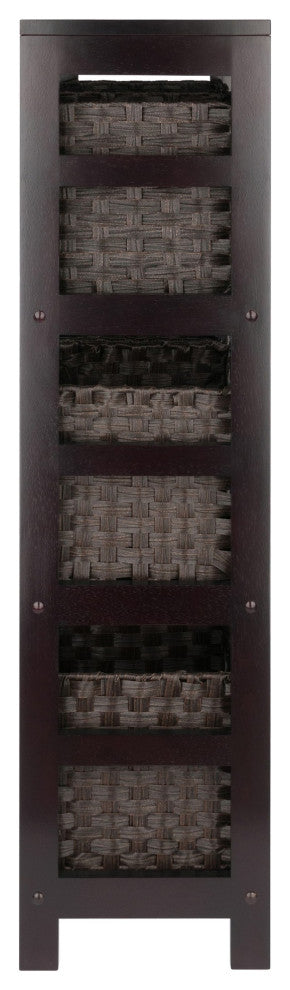 Leo 7-PieceStorage Shelf With 6 Foldable Woven Baskets, Espresso and Chocolate