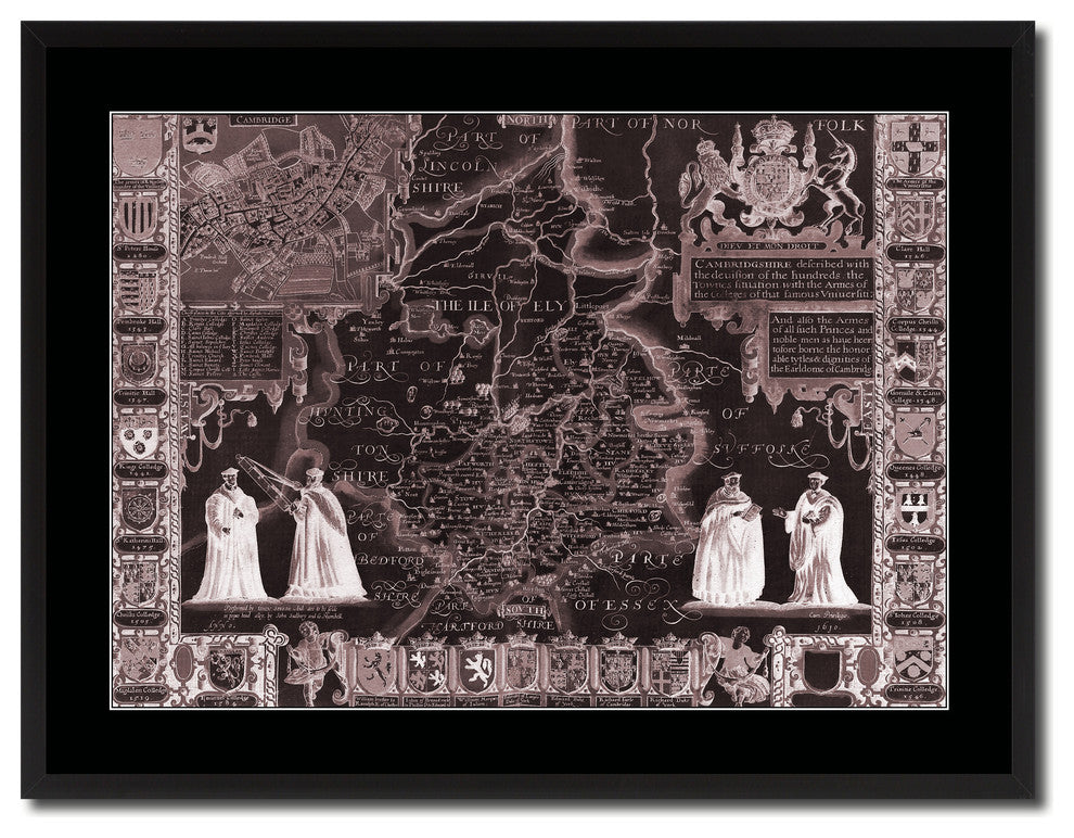 Cambridgeshire Vintage Vivid Sepia Map Canvas, 28"x37"