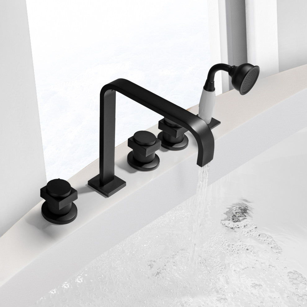 Vikran Triple Handle Deck-Mount Roman Tub Faucet Trim With Handshower, Matte Black