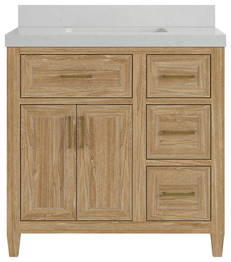 Santa Monica 36 Center Sink Bath Vanity in Whitewashed Teak 2" Carrara Quartz