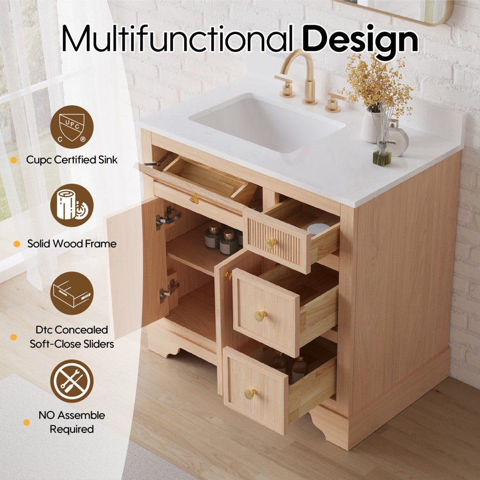 Solid Wood Bathroom Vanity with Carrara White Quartz Top, CUPC-certified Sink, 36"