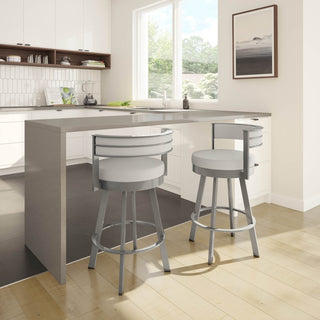 Amisco Browser Swivel Counter and Bar Stool, Light Grey Polyester / Metallic Grey Metal, Counter Height