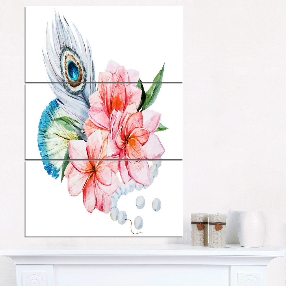 "Flowers and Peacock Feather" Glossy Metal Wall Art, 3 Panels, 28"x36"