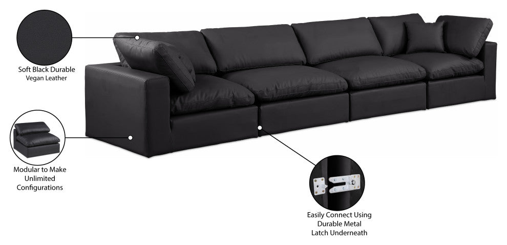 Comfy Upholstered Modular Sofa, Black, 4-Piece: 2 Armless Chair, 2 Corner Chair, Vegan Leather