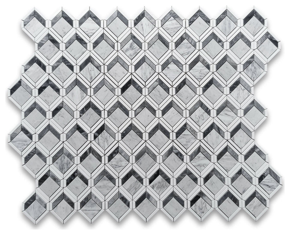 Carrara White Marble Illusion 3D Square Geometry Mosaic Tile White, 1 sheet