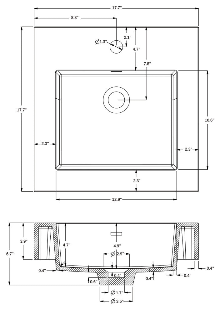 Ablitas Composite Granite Stone Console Bathroom Sink, White, 17.7"l X 17.7"w, Single Sink