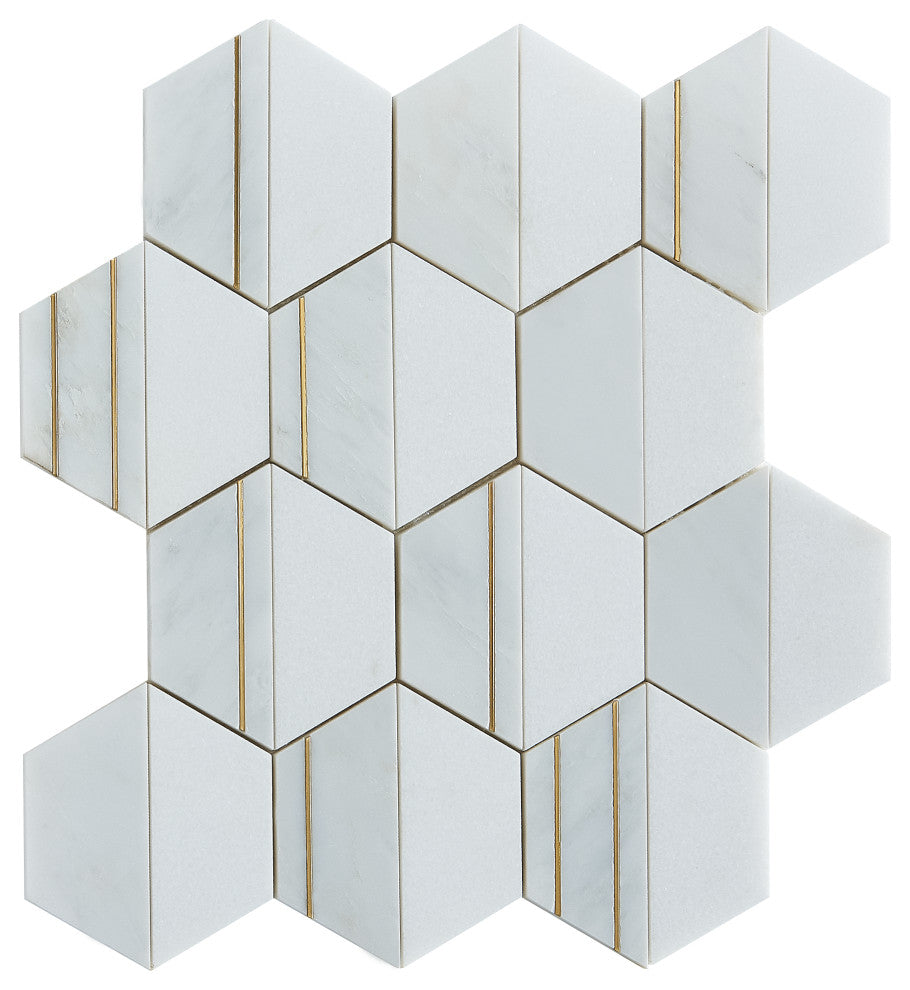 8-Pieces of 4" Hexagon Mix Marble And Metal Mosaic Tile