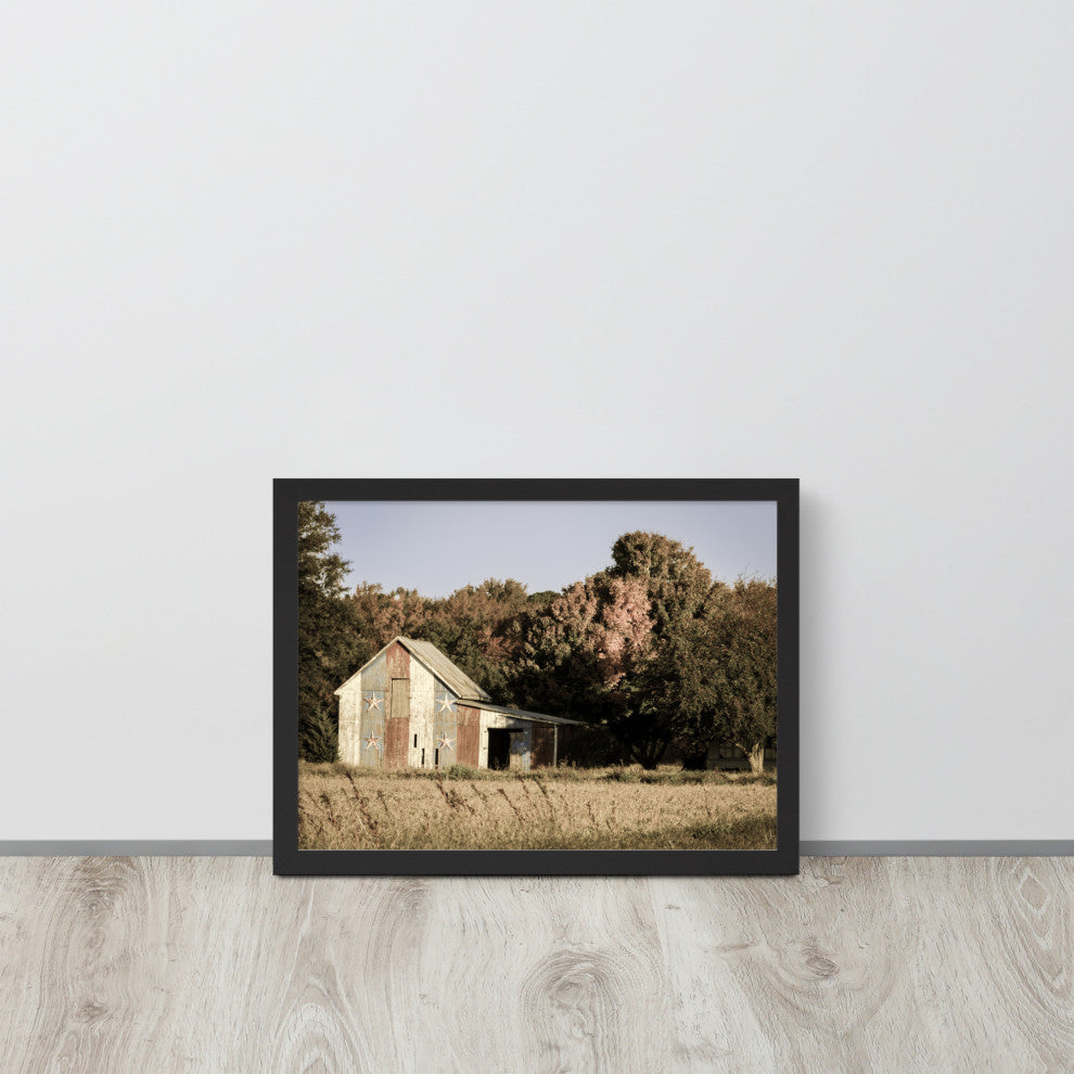 Patriotic Barn in Field Aged Effect Framed Photo Paper Wall Art Prints, Black, 12" X 16"