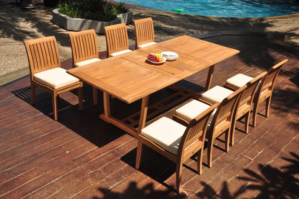 9-Piece Outdoor Teak Dining: 94" Masc Rectangle Table, 8 Lagos Armless Chairs