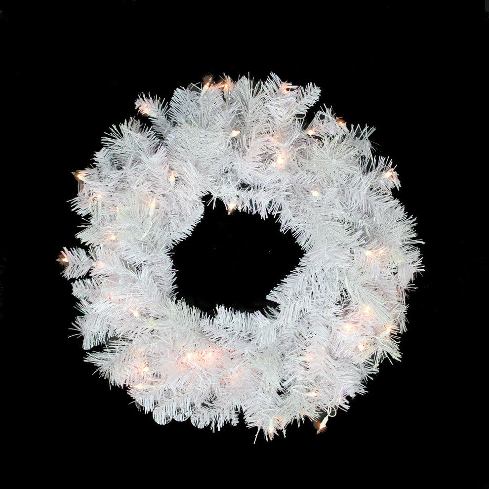 24" White Iridescent Wreath, 120 Tips, 50 Clear Lights
