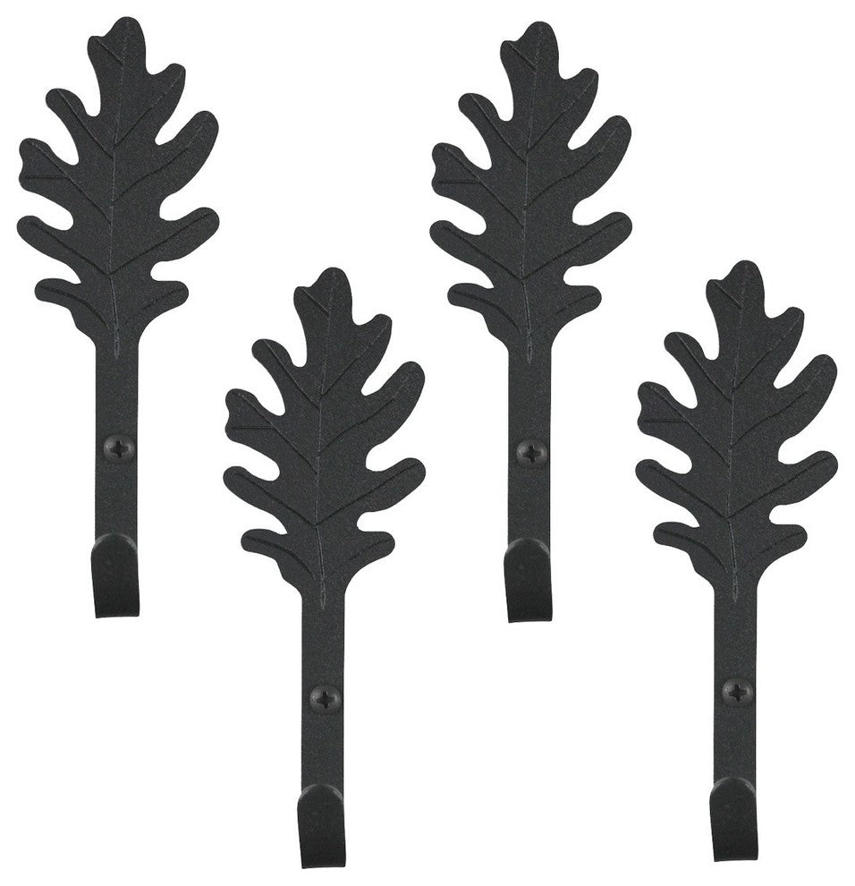 Black Wrought Iron Leaf Shaped Wall Mount Hooks 5" L Pack of 4