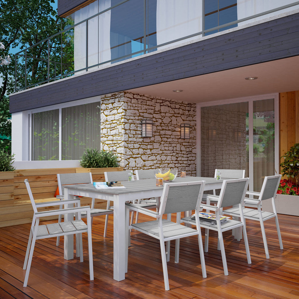 Modern Urban Contemporary 9-Piece Set Patio Dining Set, White Light Gray Steel