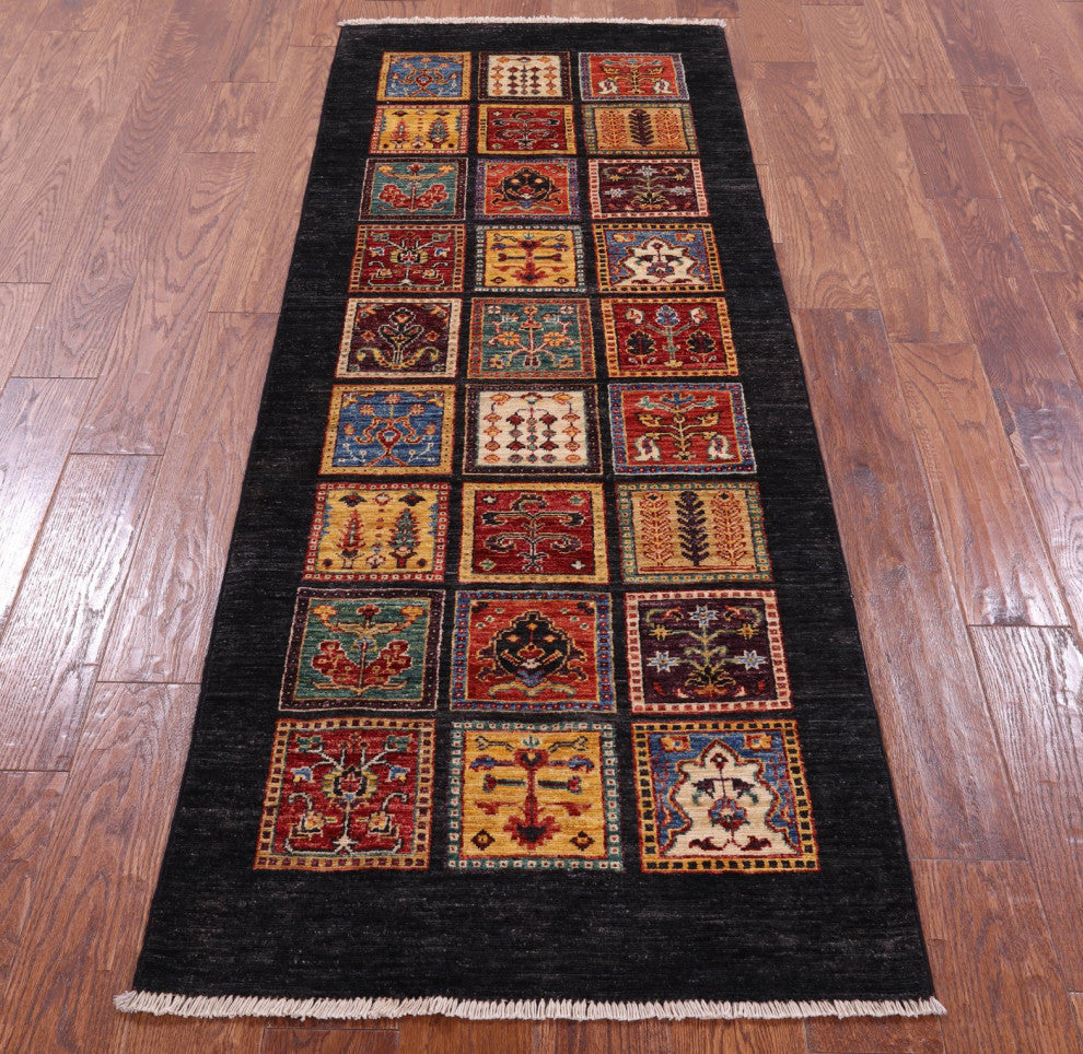Handmade Black Persian Garden Design Runner Rug 2' 6" X 6' 7" Q10688