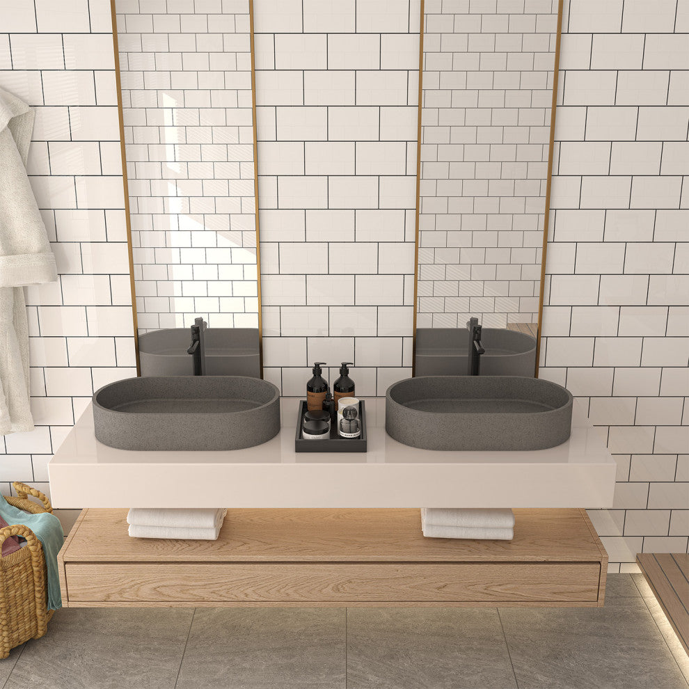 23in Bathroom Concrete Oval Vessel Sink with Drainer, Mottled Bluish Grey