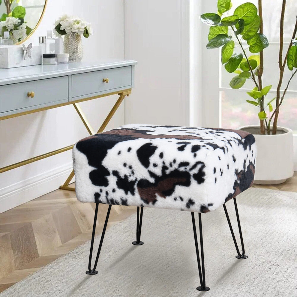 Animal Faux Fur Ottoman, Cows Flowers, 17x17x17