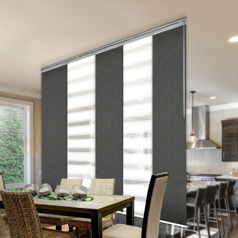 Blanched White-Koala Gray 5-Panel Track Extendable Vertical Blinds 58-110"x94"