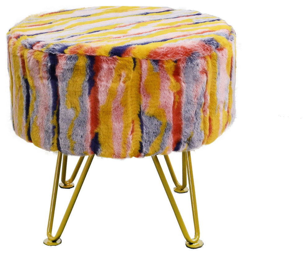 Multi Jacquard Faux Fur Round Ottoman, Orange, 18"x18"x8"