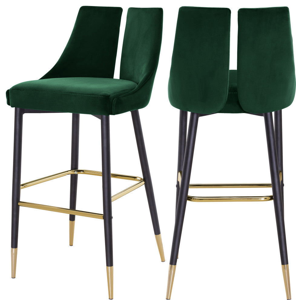 Sleek Velvet Upholstered Bar Stools With Matte Black Metal Legs, Set of 2, Green