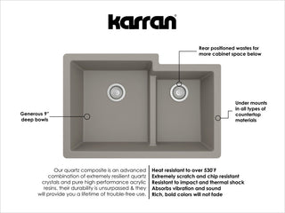 Karran 32" Undermount Double Bowl 60/40 Quartz Kitchen Sink Kit, Concrete