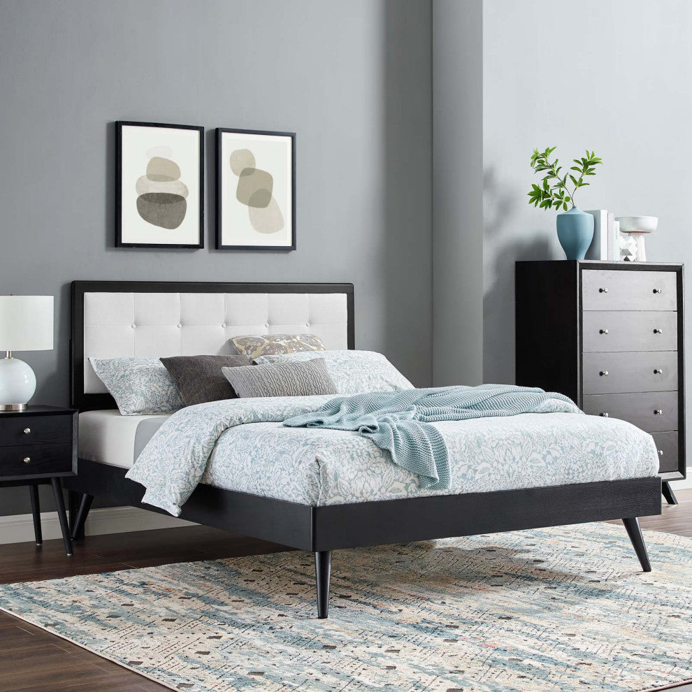 Platform Bed Frame, Queen Size, Fabric, Wood, Black White, Modern Mid-Century