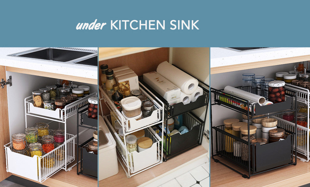 White Steel Under Sink Organizer and Storage, 2-Tier Countertop Sliding Rack
