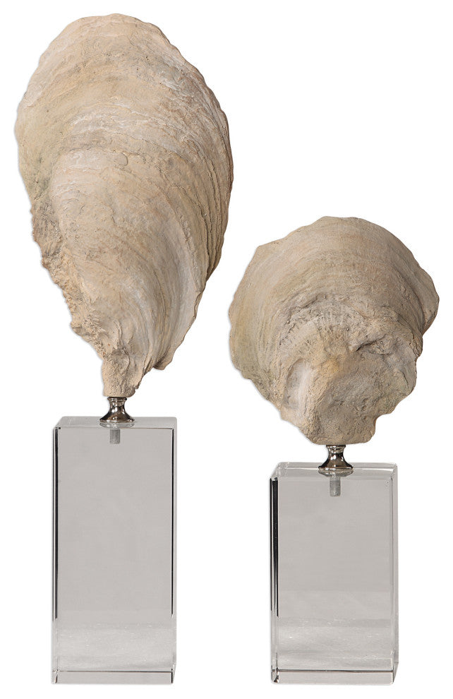 Luxe Coastal Ivory Oyster Sea Shell Sculpture 2-Piece Set