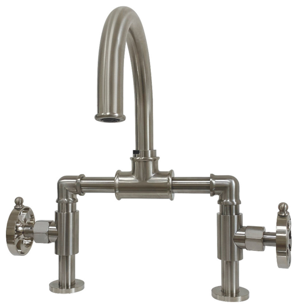 Belknap Style Wheel Handle Bridge Bathroom Faucet With Drain, Brushed Nickel