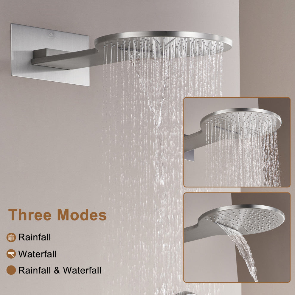 22" Luxury Shower System Set with 3 Way Thermostatic Faucet, Brushed Nickel