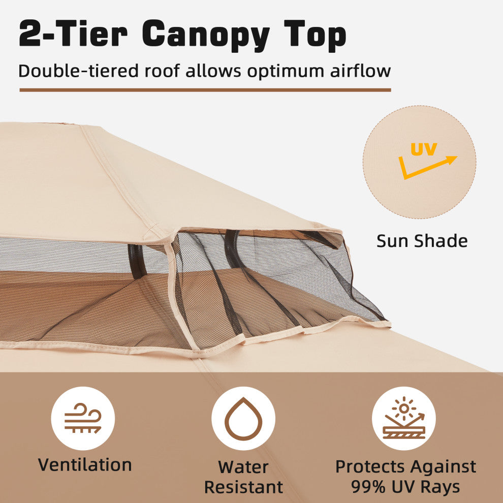 HOMREST 3-Seat Outdoor Porch Swing,Gazebo Swing with Double Tier Canopy(khaki)