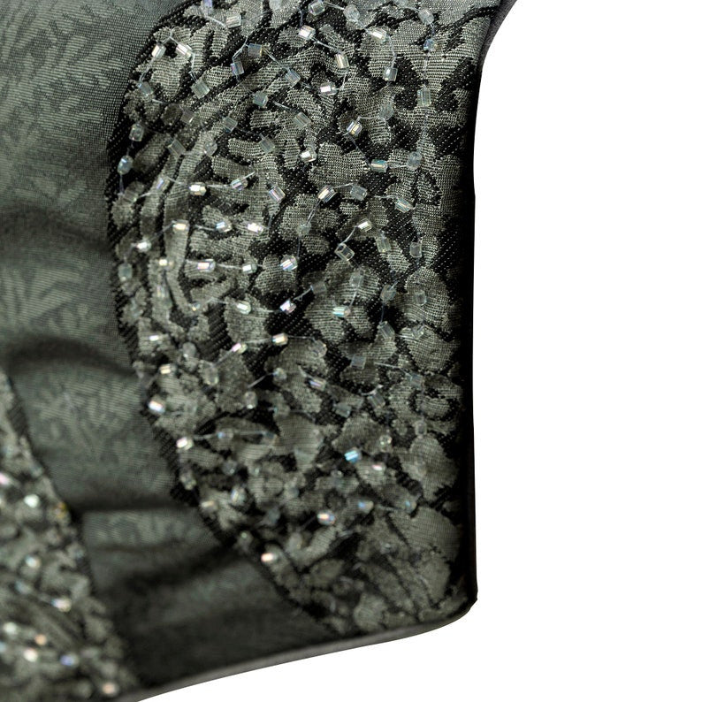 Decorative Table Runner Grey Jacquard Silk, Beaded Tassels - Celestial Paisley
