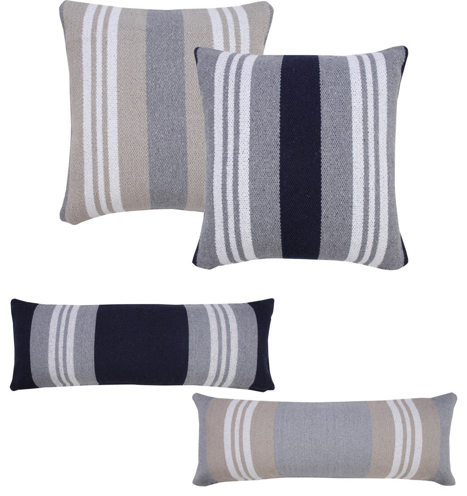 Ox Bay Handwoven Blue/Gray Stripe Organic Cotton Pillow Cover, 14"x36"