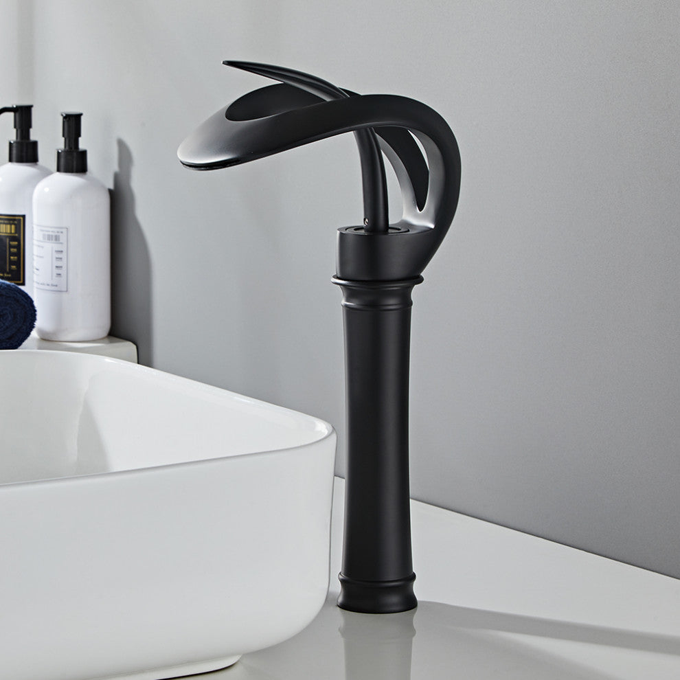 Elegant Waterfall Bathroom Faucet, Single Handle, Solid Brass, Black, Long