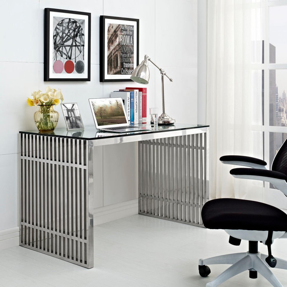 Modway Gridiron Stainless Steel Office Desk, Silver