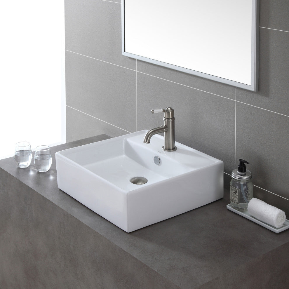 Elavo Ceramic Square Vessel White Sink, Overflow Drain Satin Nickel