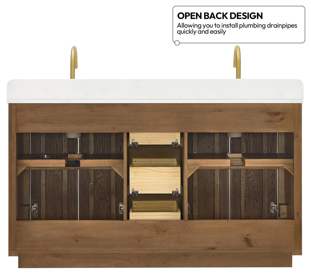 Busan Bath Vanity, Quartz Top No Mirror, Oak Classic Brown, 60", Double Vanity