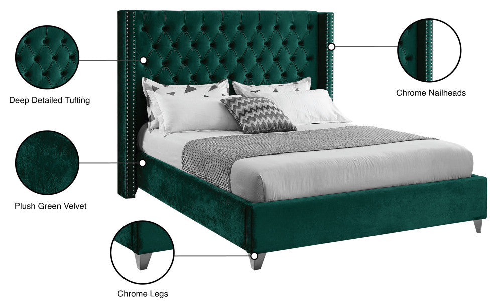 Ames Velvet Bed, Green, Queen