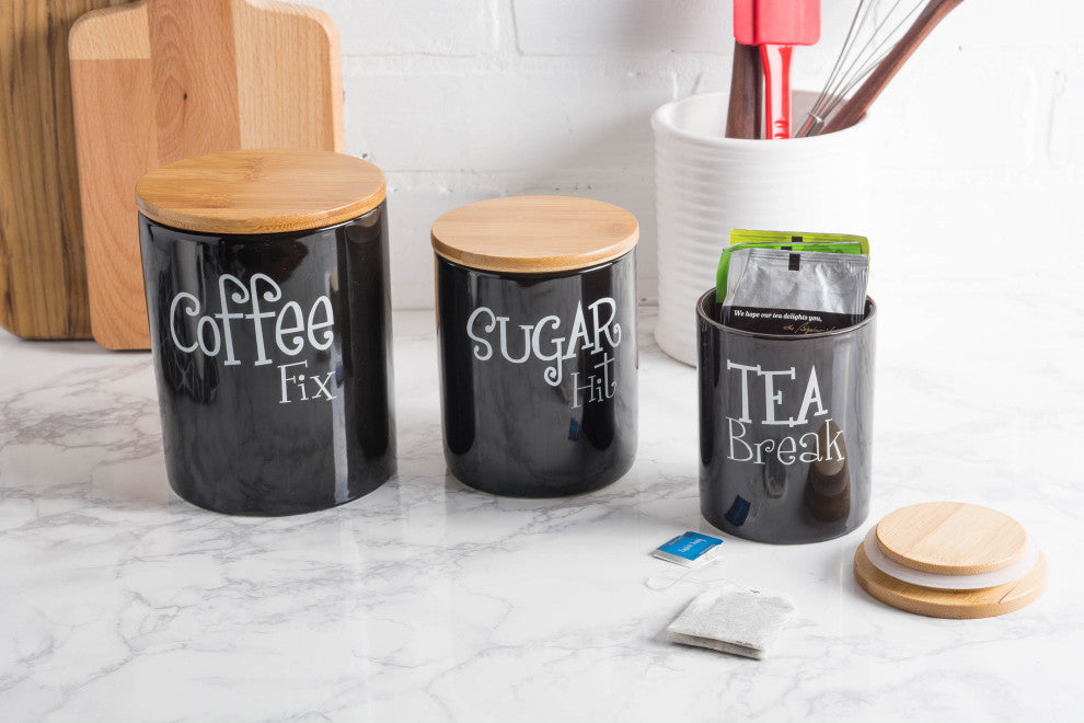 Black Coffee/Sugar/Tea Ceramic Canister Set of 3