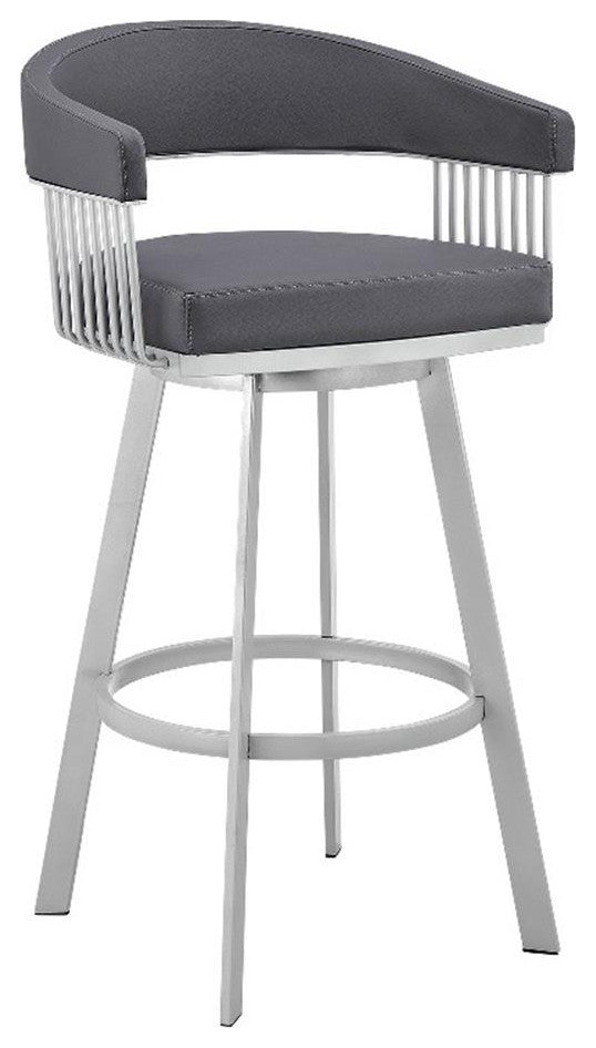 Armen Living Bronson 29" Faux Leather Bar Stool in Gray/Stainless Steel