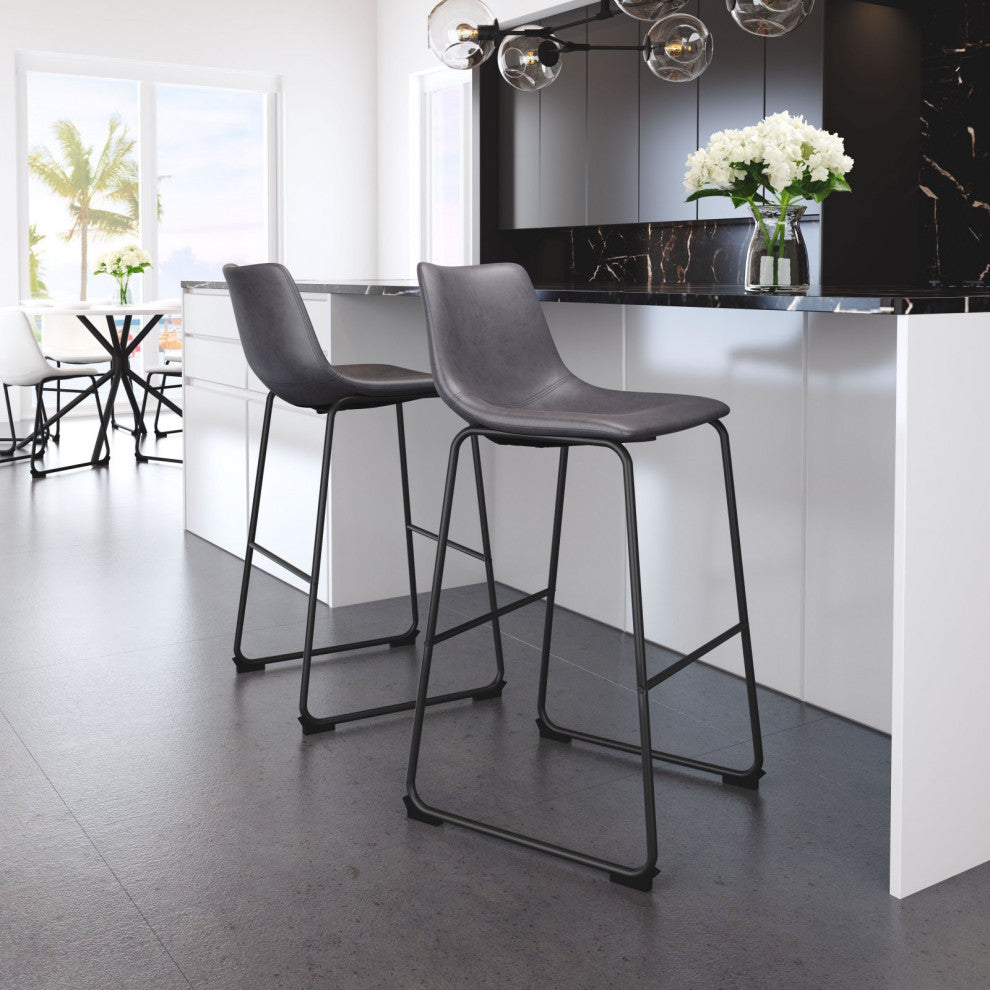 Bar Stool Chair, Set of 2, Faux Vinyl Leather, Charcoal, Black, Industrial