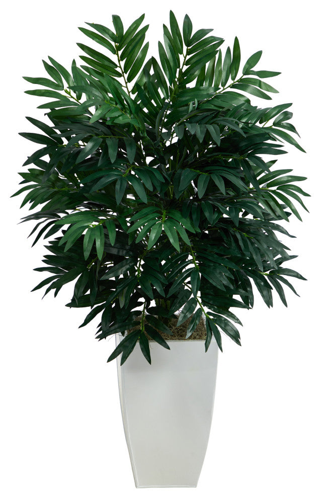 3' Bamboo Palm Artificial Plant, White Metal Planter