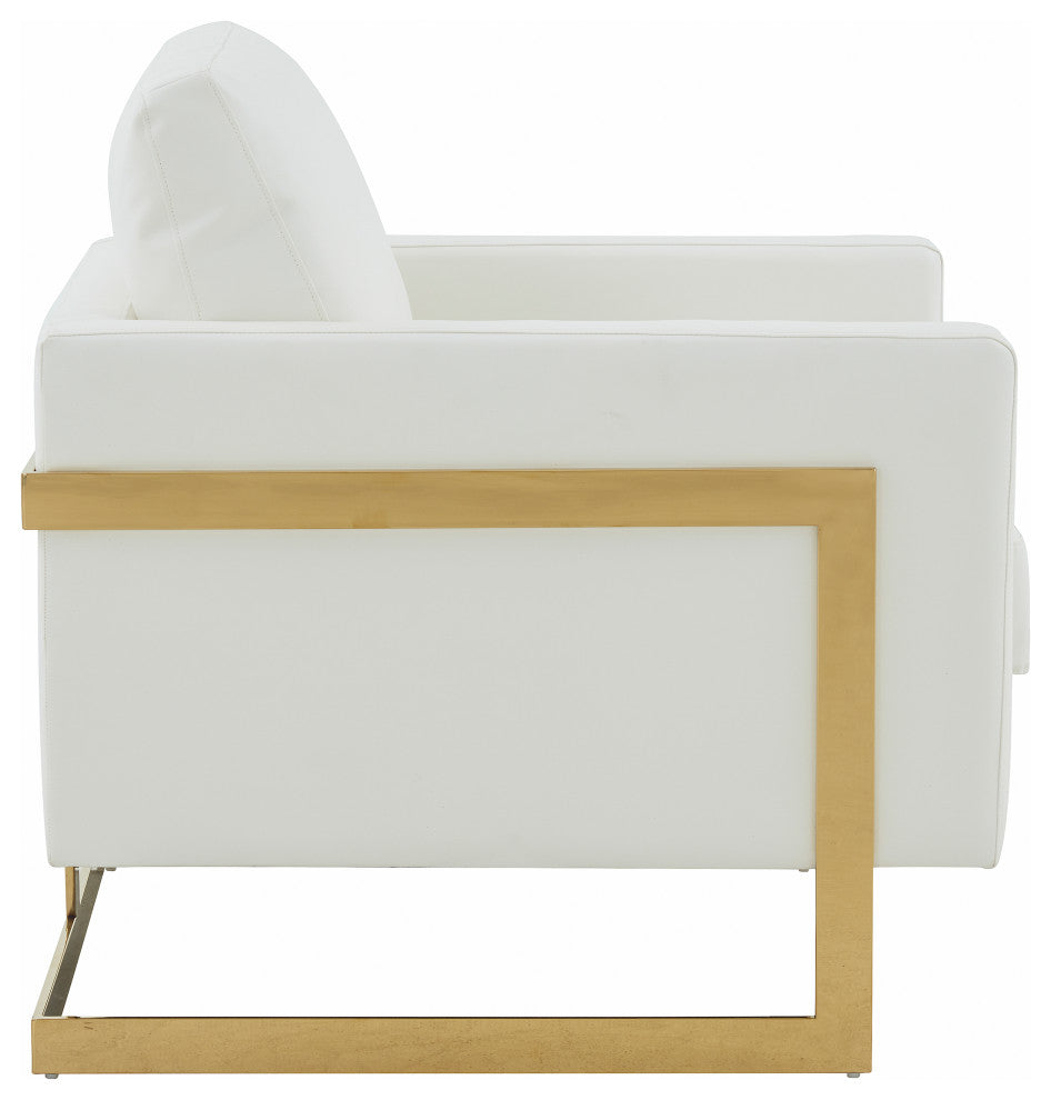 LeisureMod Lincoln Modern Leather Accent Arm Chair With Gold Frame, White