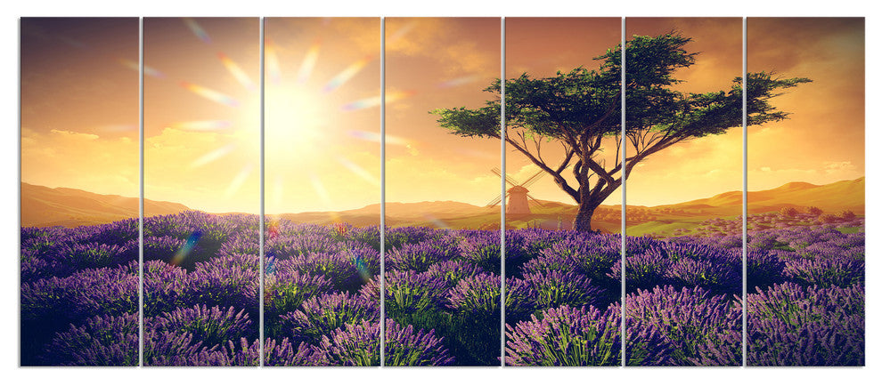 Lavender Field with Solitary Tree, Landscape Canvas Art, 83"x32", 7 Panels