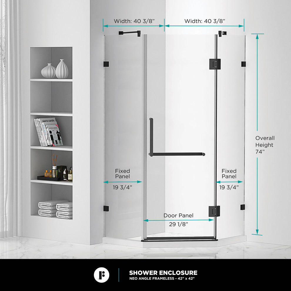Shower Enclosure Neo Angle Frameless Tempered Glass, Black, 40" X 40"