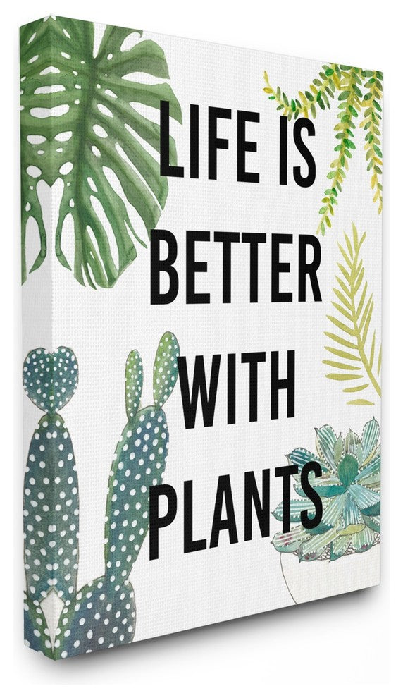 Life Is Better With Plants Illustrations Stretched Canvas Wall Art, 16"x20"