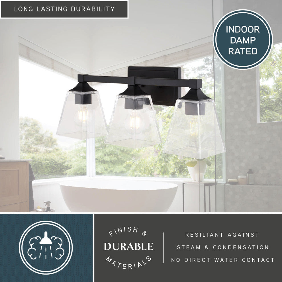Wallingford 3-Light Modern Gold Transitional Bathroom Vanity Fixture Clear Glass, Matte Black