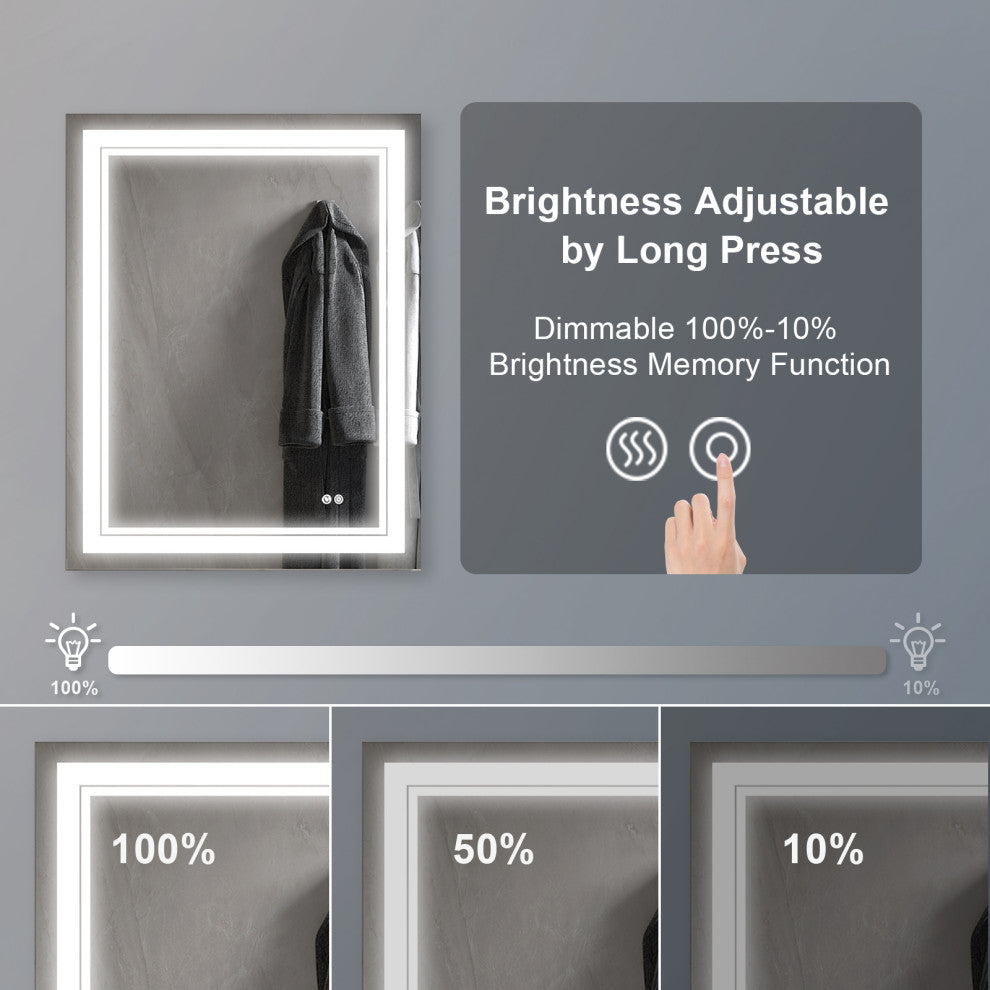 Frameless LED Lighted Bathroom Mirror With Defogger Dimmer, 28"x36"