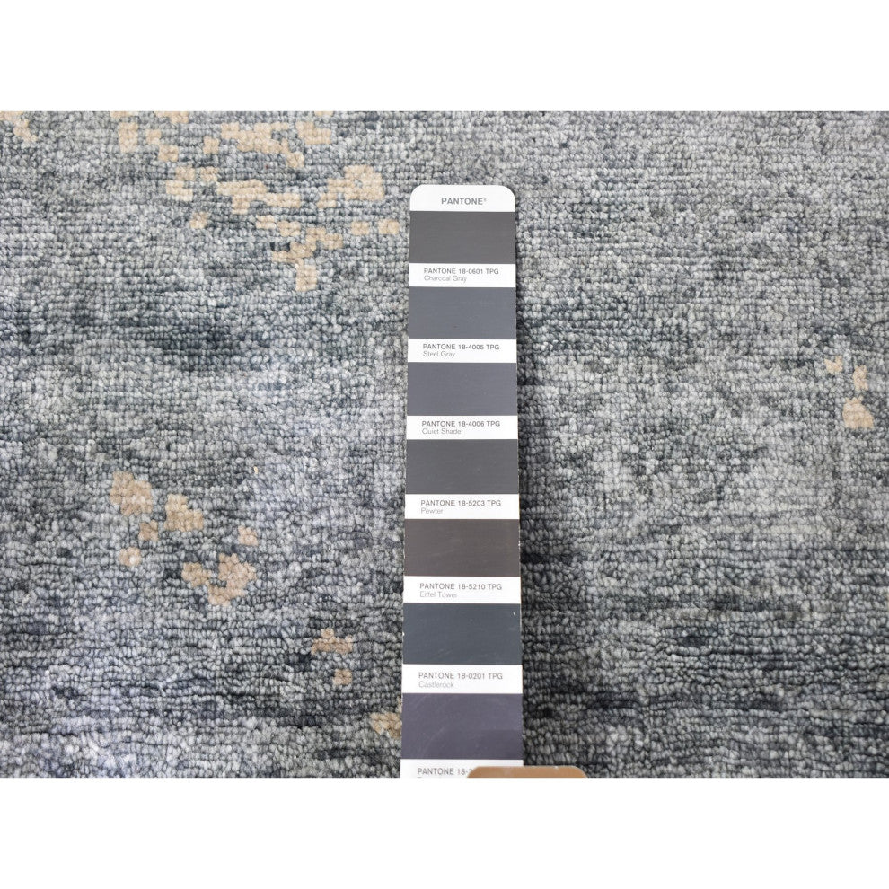Dark Gray Hand Knotted Art Silk Modern Wide Runner Oriental Rug, 3'0"x11'9"
